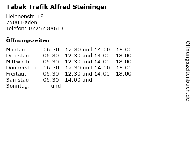 Tabak Trafik Alfred Steininger in Baden: Adresse und Öffnungszeiten