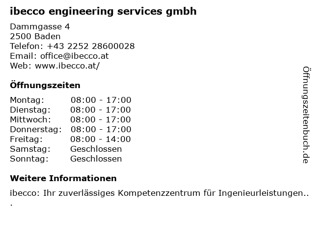 ibecco engineering services gmbh in Baden: Adresse und Öffnungszeiten