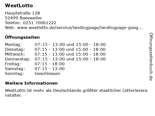 ᐅ Öffnungszeiten „WestLottoAnnahmestelle“ Hauptstraße 128 in Baesweiler