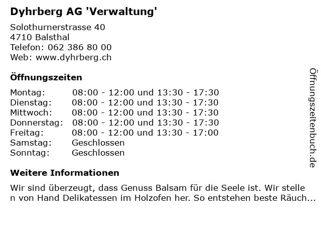 Dyhrberg AG 'Verwaltung' in Balsthal: Adresse und Öffnungszeiten
