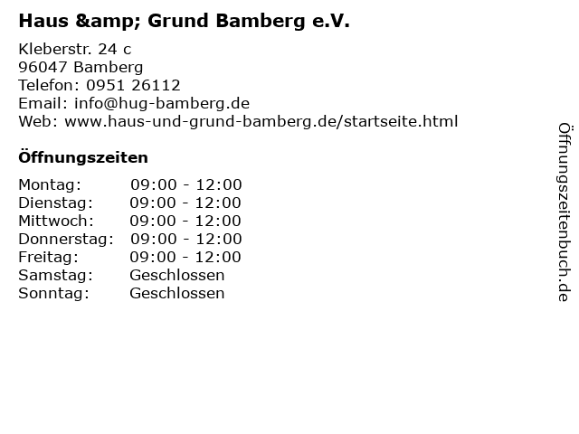 ᐅ Offnungszeiten Haus Grund Bamberg E V Kleberstr 24 In