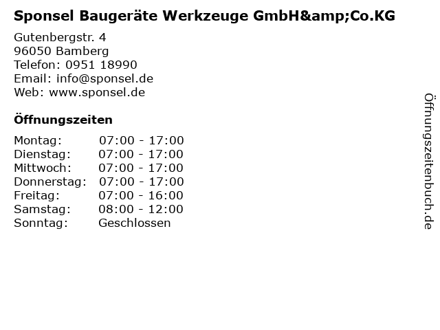 Sponsel Baugeräte Werkzeuge GmbH&Co.KG in Bamberg: Adresse und Öffnungszeiten