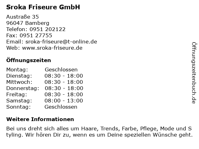 ᐅ Öffnungszeiten „sroka friseure“ | austraße 35 in bamberg