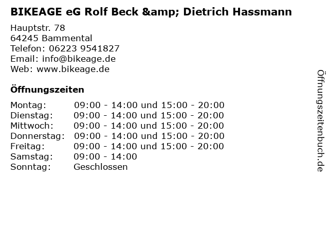 BIKEAGE eG Rolf Beck & Dietrich Hassmann in Bammental: Adresse und Öffnungszeiten