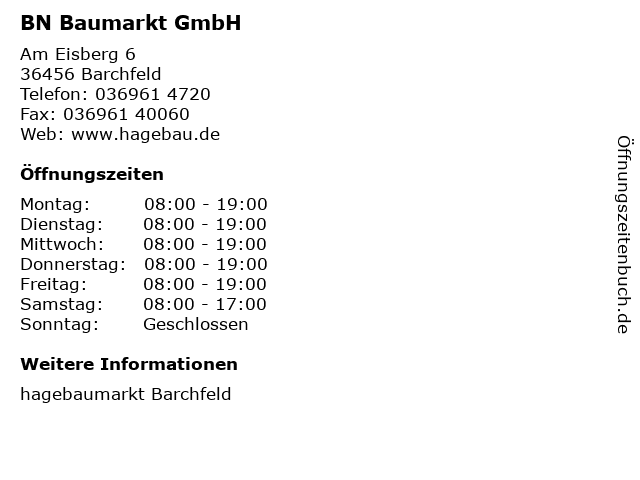 BN Baumarkt GmbH in Barchfeld: Adresse und Öffnungszeiten