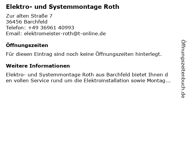 Elektro- und Systemmontage Roth in Barchfeld: Adresse und Öffnungszeiten