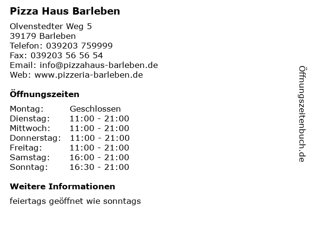 ᐅ Offnungszeiten Pizza Haus Barleben Olvenstedter Weg 5 In
