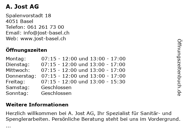 A. Jost AG - Sanitär- und Spenglerarbeiten in Basel: Adresse und Öffnungszeiten