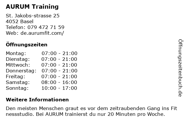 AURUM Training in Basel: Adresse und Öffnungszeiten