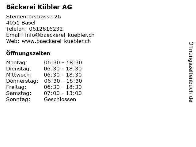 Bäckerei Kübler AG in Basel: Adresse und Öffnungszeiten
