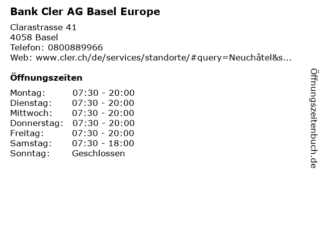 Bank Cler AG Basel Europe in Basel: Adresse und Öffnungszeiten