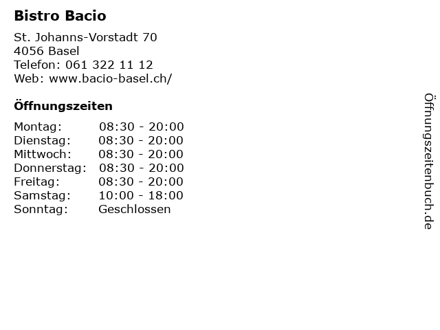 Bistro Bacio in Basel: Adresse und Öffnungszeiten