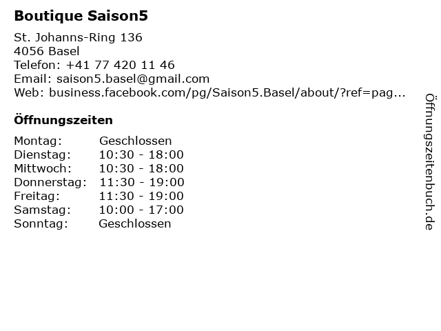 Boutique Saison5 in Basel: Adresse und Öffnungszeiten