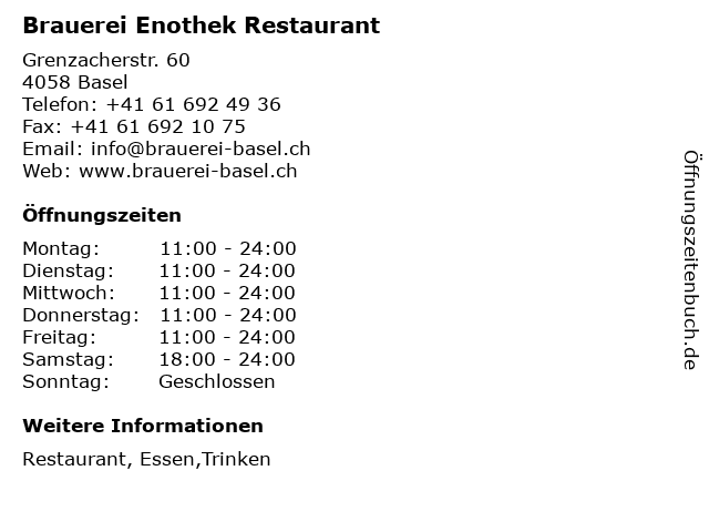 Brauerei Enothek Restaurant in Basel: Adresse und Öffnungszeiten