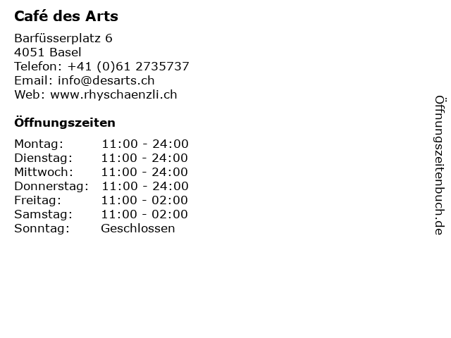 Café des Arts in Basel: Adresse und Öffnungszeiten