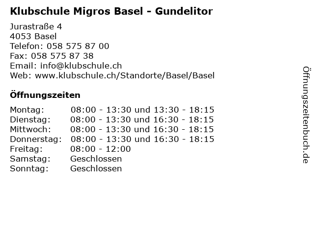 Klubschule Migros Basel - Gundelitor in Basel: Adresse und Öffnungszeiten