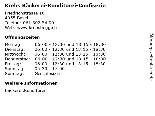 Krebs Bäckerei-Konditorei-Confiserie in Basel: Adresse und Öffnungszeiten