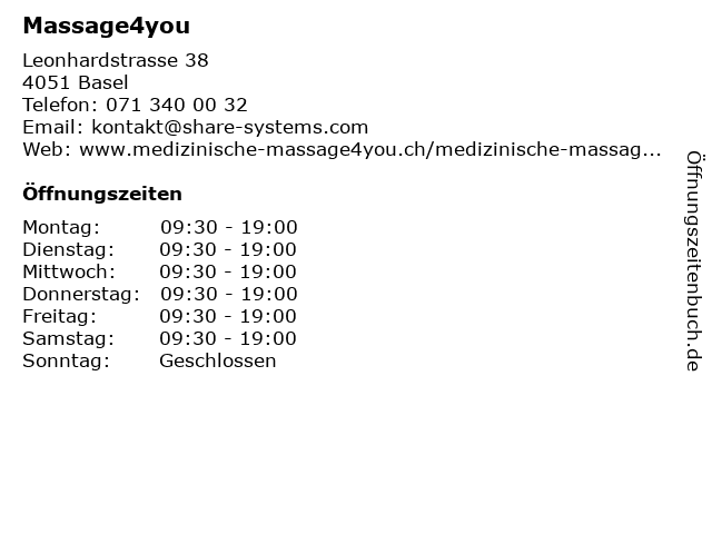 Massage4you in Basel: Adresse und Öffnungszeiten