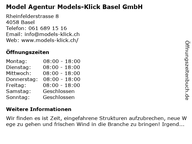Model Agentur Models-Klick Basel GmbH in Basel: Adresse und Öffnungszeiten