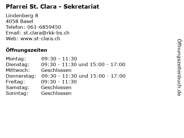 Pfarrei St. Clara - Sekretariat in Basel: Adresse und Öffnungszeiten