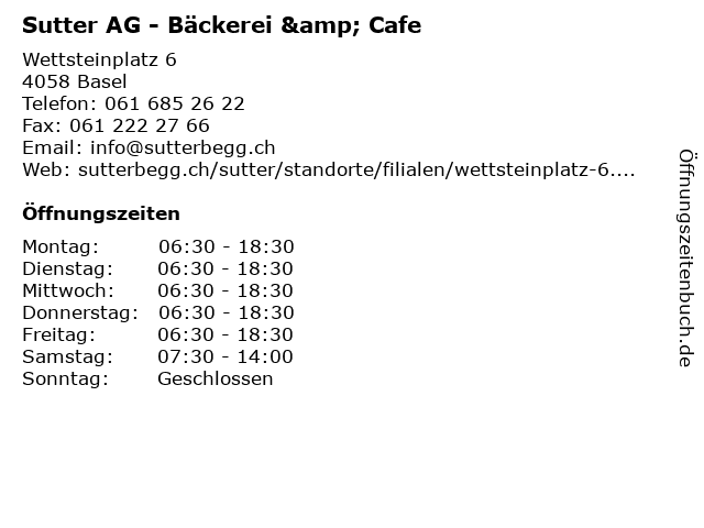 Sutter AG - Bäckerei & Cafe in Basel: Adresse und Öffnungszeiten