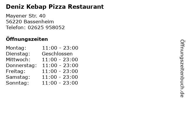 Deniz Kebap Pizza Restaurant in Bassenheim: Adresse und Öffnungszeiten