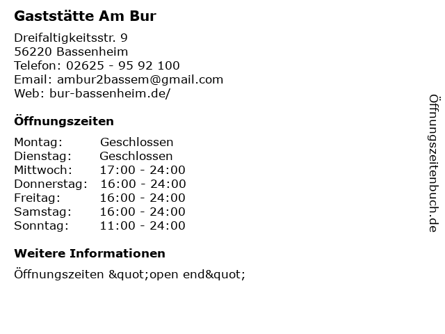 Gaststätte Am Bur in Bassenheim: Adresse und Öffnungszeiten