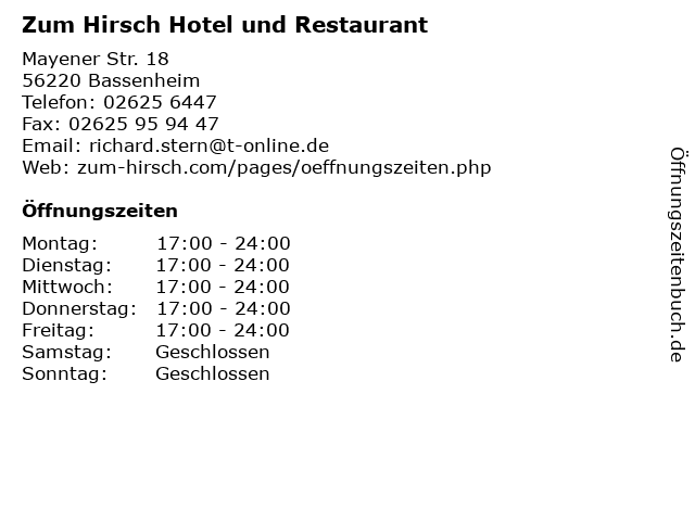 Zum Hirsch Hotel und Restaurant in Bassenheim: Adresse und Öffnungszeiten