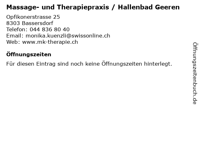 Massage- und Therapiepraxis / Hallenbad Geeren in Bassersdorf: Adresse und Öffnungszeiten