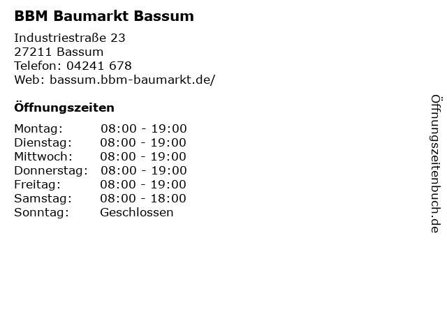 BBM Baumarkt Bassum in Bassum: Adresse und Öffnungszeiten