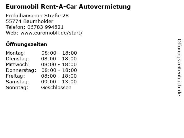 Euromobil Rent-A-Car Autovermietung in Baumholder: Adresse und Öffnungszeiten