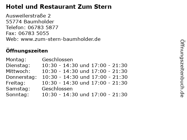 Hotel und Restaurant Zum Stern in Baumholder: Adresse und Öffnungszeiten