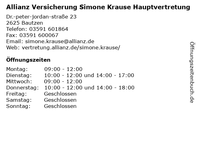 Allianz Versicherung Simone Krause Hauptvertretung in Bautzen: Adresse und Öffnungszeiten