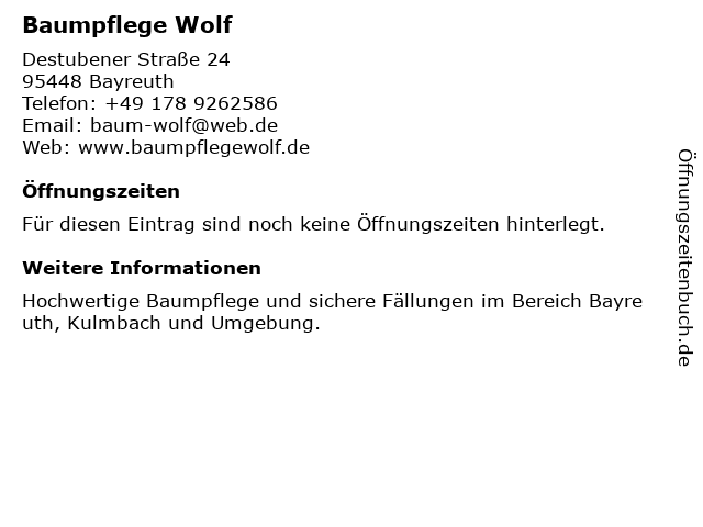 Baumpflege Wolf in Bayreuth: Adresse und Öffnungszeiten