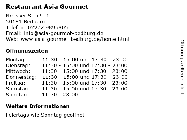 Restaurant Asia Gourmet in Bedburg: Adresse und Öffnungszeiten