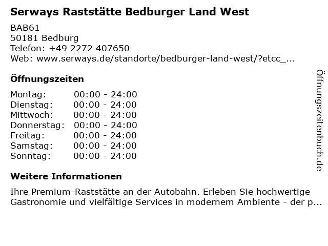 Serways Raststätte Bedburger Land West in Bedburg: Adresse und Öffnungszeiten