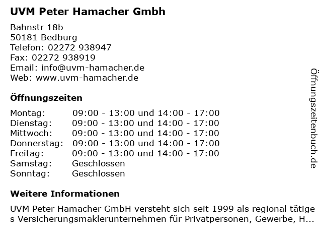 UVM Peter Hamacher Gmbh in Bedburg: Adresse und Öffnungszeiten