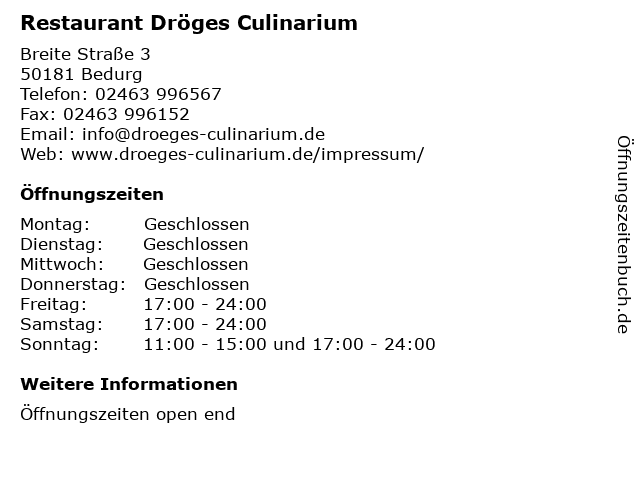 Restaurant Dröges Culinarium in Bedurg: Adresse und Öffnungszeiten
