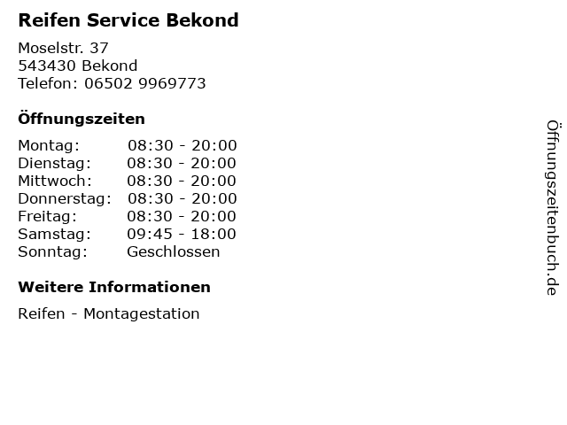 Reifen Service Bekond in Bekond: Adresse und Öffnungszeiten