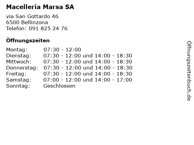 Macelleria Marsa SA in Bellinzona: Adresse und Öffnungszeiten