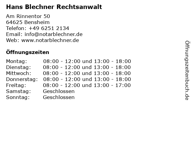 Hans Blechner Rechtsanwalt in Bensheim: Adresse und Öffnungszeiten