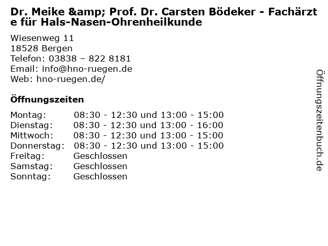 Dr. Meike & Prof. Dr. Carsten Bödeker - Fachärzte für Hals-Nasen-Ohrenheilkunde in Bergen: Adresse und Öffnungszeiten