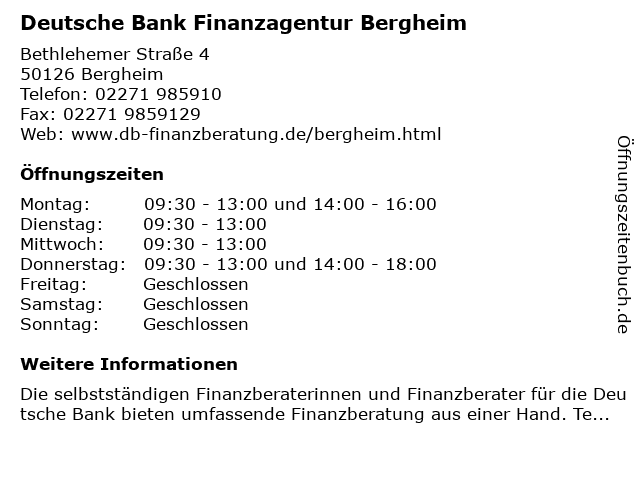 ᐅ Offnungszeiten Finanzagentur Fur Die Deutsche Bank Uwe Vom
