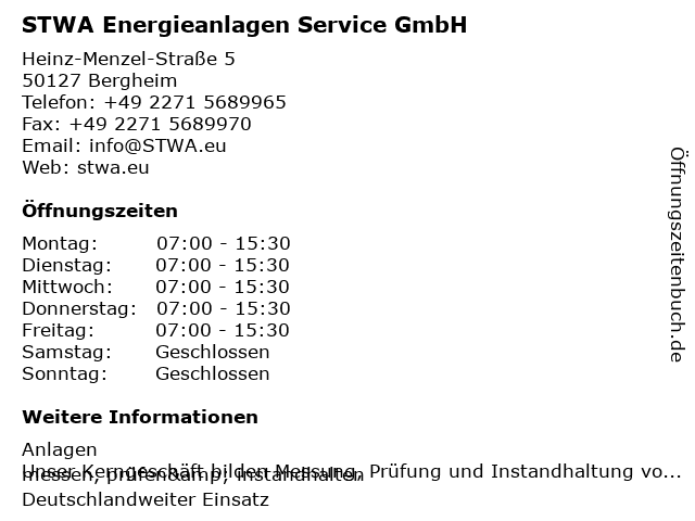 STWA Energieanlagen Service GmbH in Bergheim: Adresse und Öffnungszeiten