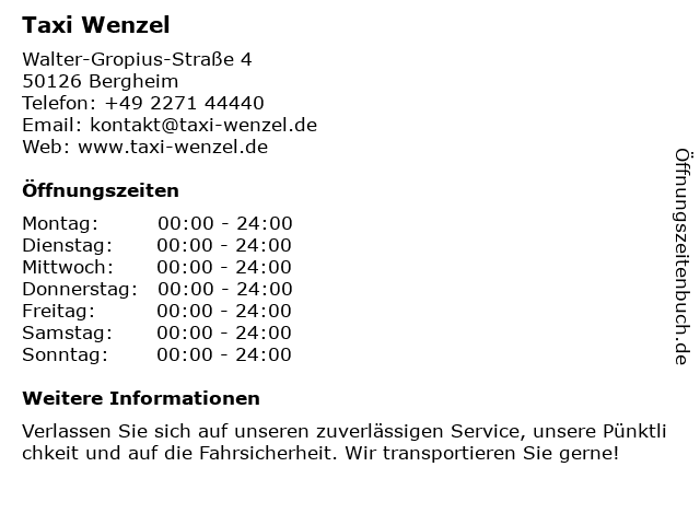 Taxi Wenzel in Bergheim: Adresse und Öffnungszeiten