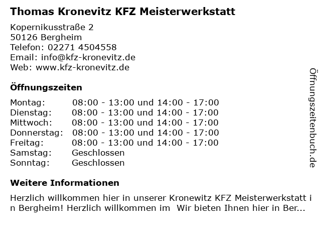 Thomas Kronevitz KFZ Meisterwerkstatt in Bergheim: Adresse und Öffnungszeiten