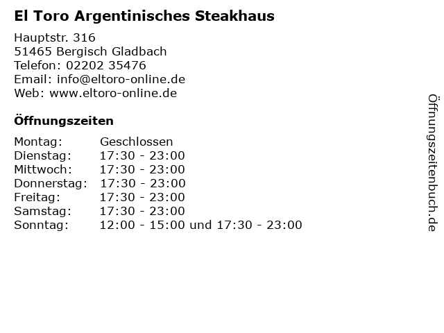 El Toro Argentinisches Steakhaus in Bergisch Gladbach: Adresse und Öffnungszeiten