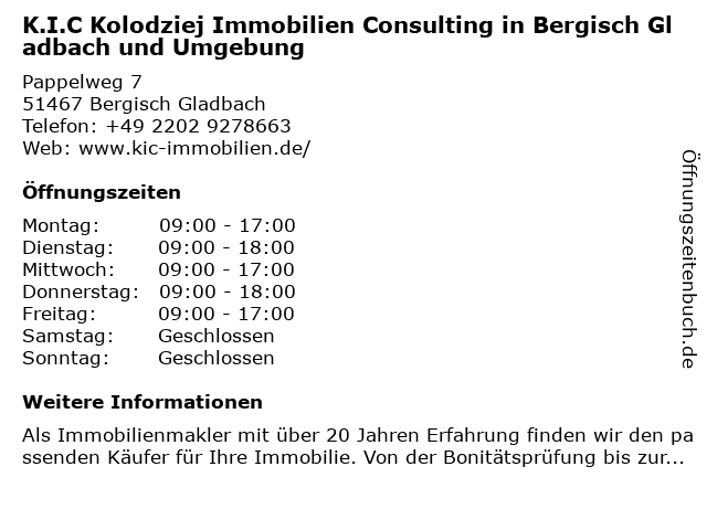 K.I.C Kolodziej Immobilien Consulting in Bergisch Gladbach und Umgebung in Bergisch Gladbach: Adresse und Öffnungszeiten