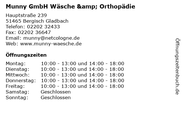Munny GmbH Wäsche & Orthopädie in Bergisch Gladbach: Adresse und Öffnungszeiten