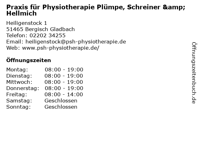 Praxis für Physiotherapie Plümpe, Schreiner & Hellmich in Bergisch Gladbach: Adresse und Öffnungszeiten